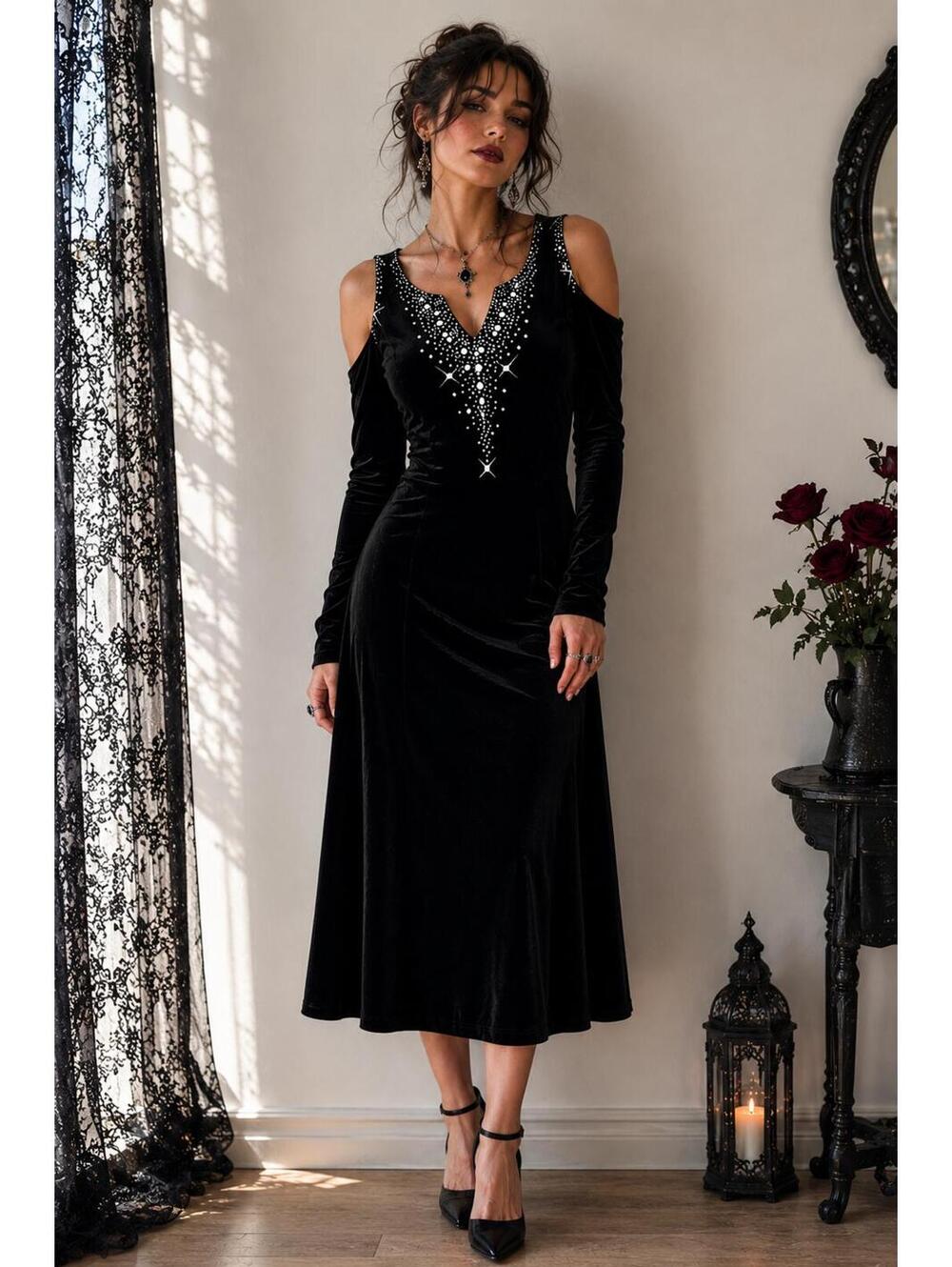 Celestial Goth Velvet Dress Size M | Dark Romance Starburst Party Dress